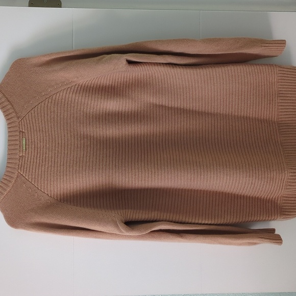Michael Kors Merino Wool Cashmere Blend Oversized V-Neck Ribbed Camel Sweater L - Picture 5 of 6